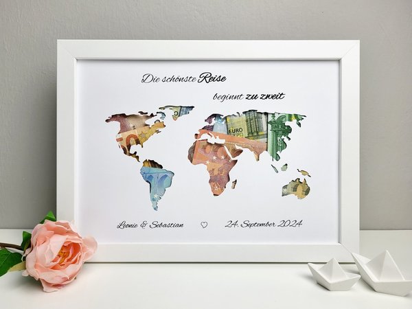 personalisiertes Geldgeschenk zur Hochzeit - Motiv "Weltkarte"