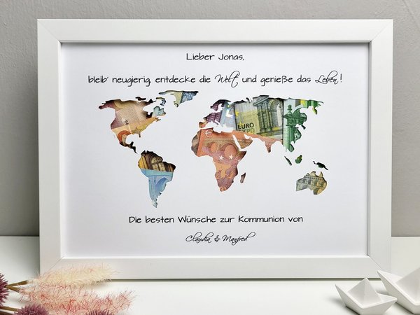Geldgeschenk "Weltkarte" personalisiert | Kommunion | Konfirmation | Jugendweihe