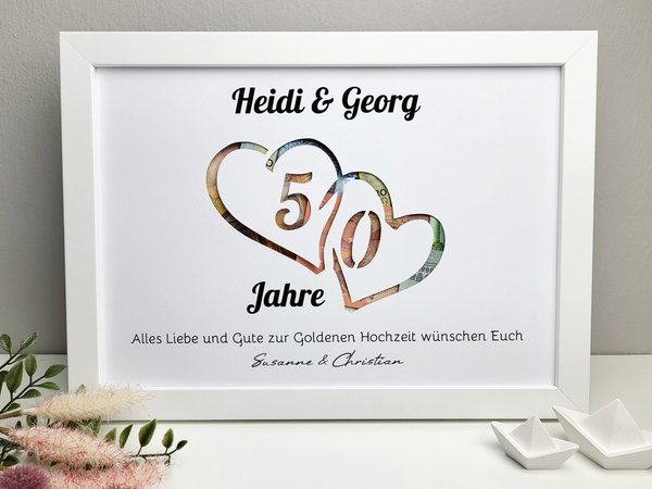 Geldgeschenk zur Goldenen Hochzeit - "50 Jahre - Herzen" personalisiert | Jubiläum