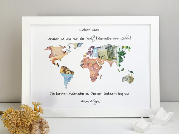 Geldgeschenk "Weltkarte" personalisiert | Geburtstag - endlich 18!